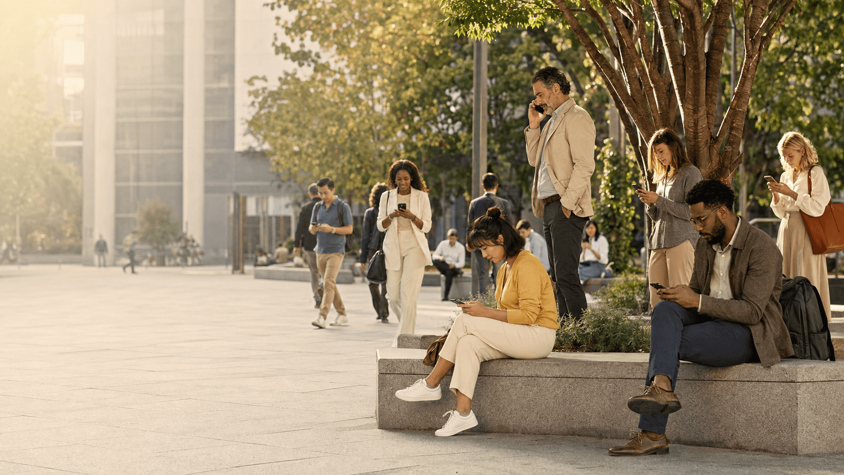 People using their phones in a city plaza
